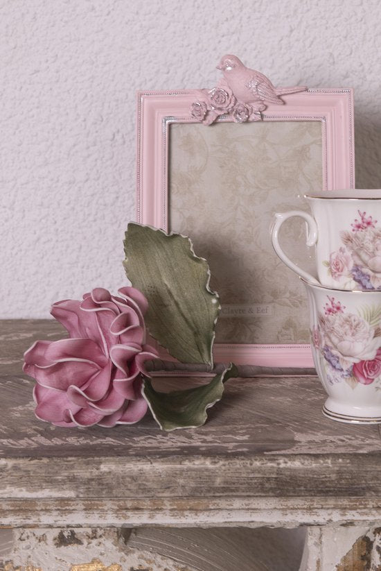 Clayre & Eef Fotolijst 16*3*24 cm / 13*18 cm Roze Kunststof, Glas Rechthoek Vogel op tak Fotokader Wissellijst Foto Frame