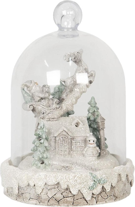 Clayre & Eef Glazen Stolp Ø 13*18 cm Wit Kunststof Glas Rond Kerststolp Stolp met Decoratie