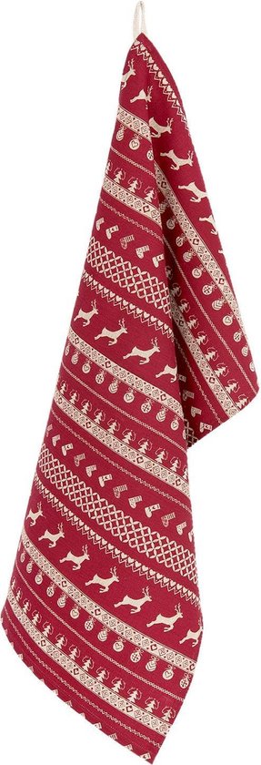 Clayre & Eef Theedoek 50*85 cm Rood Beige Katoen Rechthoek Kerst Vaatdoek Keukendoek Schotelvod