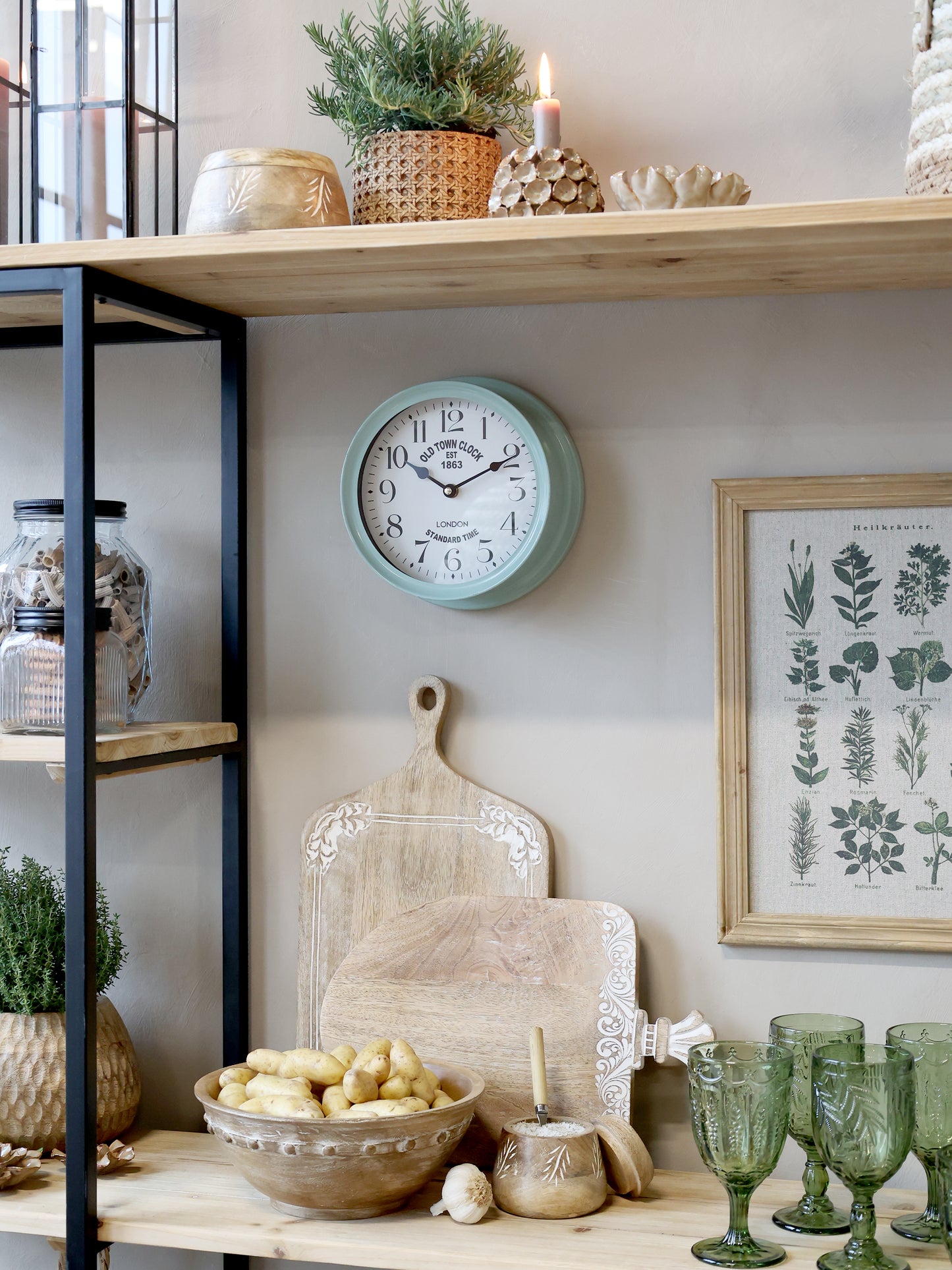 Chic Antique Wandklok – Vintage – Groen – Ø 22,5 cm – IJzer en Glas