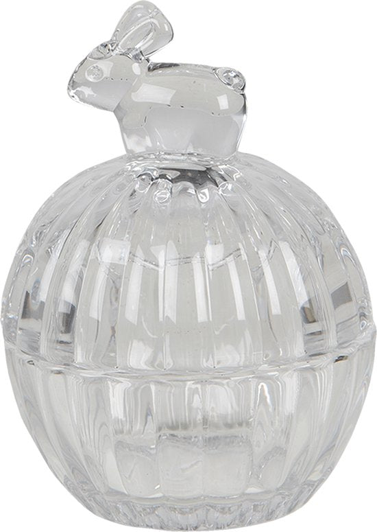Clayre & Eef Bonbonniere met deksel Konijn 8*8*11 cm Transparant Glas Bonbonschaaltje Bonbonniere Kristal Decoratie Schaal
