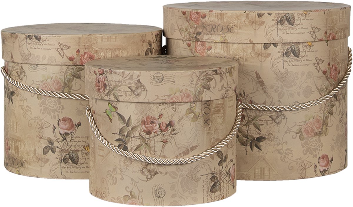 Clayre & Eef Hoedendoos Set van 3 Ø 23x20 cm Beige Roze Karton Bloemen Opbergdoos Cadeaudoos