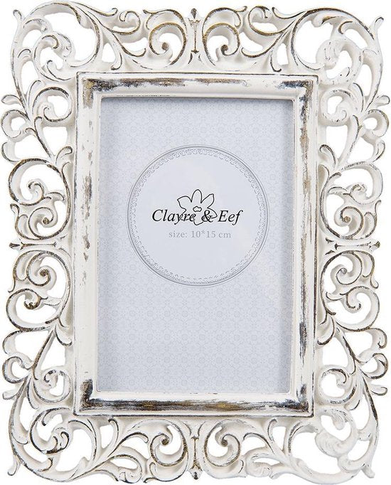 Clayre & Eef Fotolijst 18*2*23 cm / 10*15 cm Wit Kunststof, Glas Rechthoek Krullen Fotokader Wissellijst Foto Frame