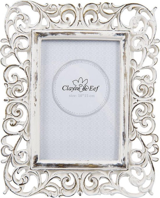 Clayre & Eef Fotolijst 18*2*23 cm / 10*15 cm Wit Kunststof, Glas Rechthoek Krullen Fotokader Wissellijst Foto Frame
