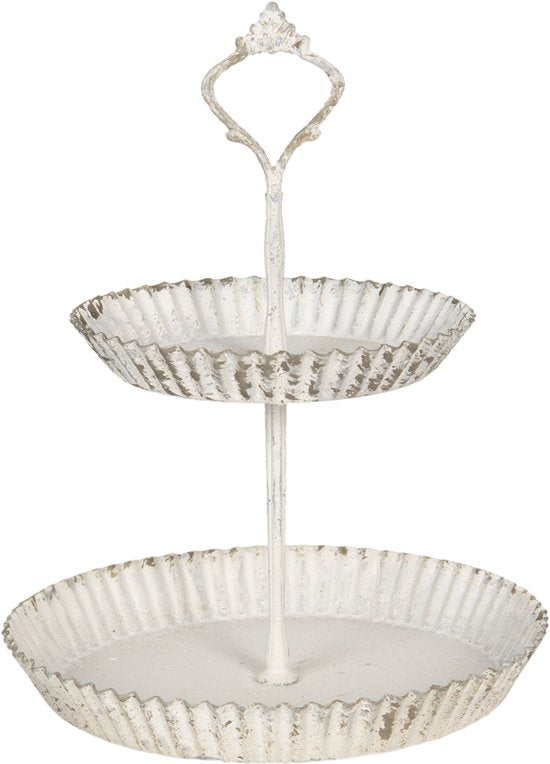 Clayre & Eef Etagère Ø 19*26 cm Wit Ijzer Rond Taartplateau op voet Serveerschaal