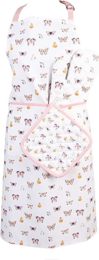 Clayre & Eef Ovenwant 18x30 cm Beige Roze Katoen Vlinders Ovenhandschoen Moederdag cadeau