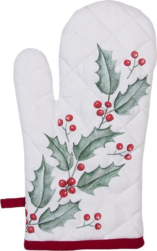 Clayre & Eef Ovenwant 16*30 cm Wit Rood Katoen Hulstblaadjes Ovenhandschoen Cadeau voor haar