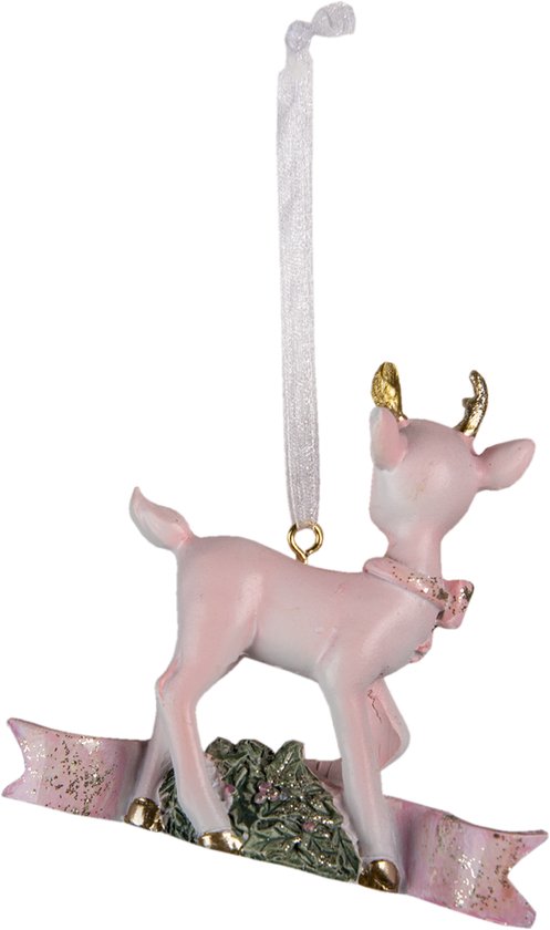 Clayre & Eef Decoratie Hanger Rendier 9*3*9 cm Roze Kunststof Kersthanger Kerstboomversiering