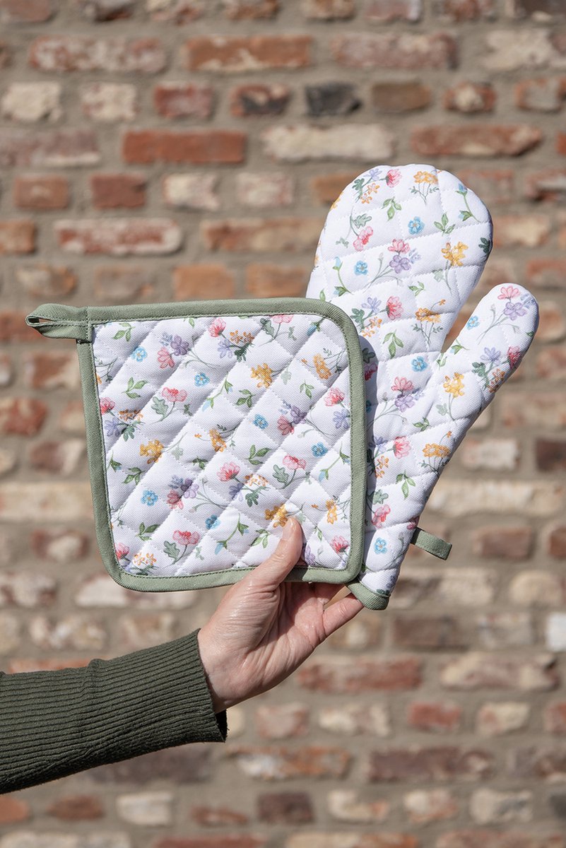 Clayre & Eef Ovenwant 18x30 cm Wit Groen Katoen Bloemen