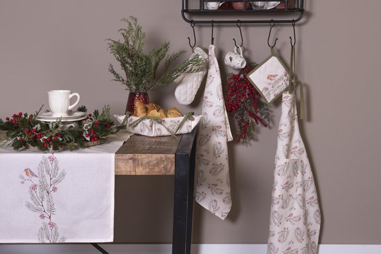 Clayre & Eef Keukenschort 70*85 cm Beige Groen Rood Katoen dennentak BBQ Schort Cadeau voor haar Kookschort