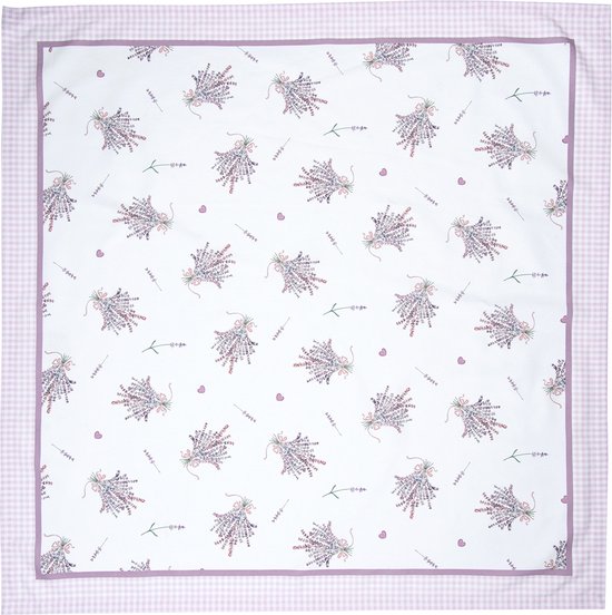 Clayre & Eef Vierkant Tafelkleed 100*100 cm Wit Groen Paars Katoen Vierkant Lavendel Tafellaken Tafellinnen Tafeltextiel