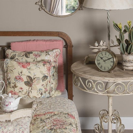 Clayre & Eef Kussenhoes 50*50 cm Beige Roze Polyester Katoen Vierkant Bloemen Sierkussenhoes Kussen hoes