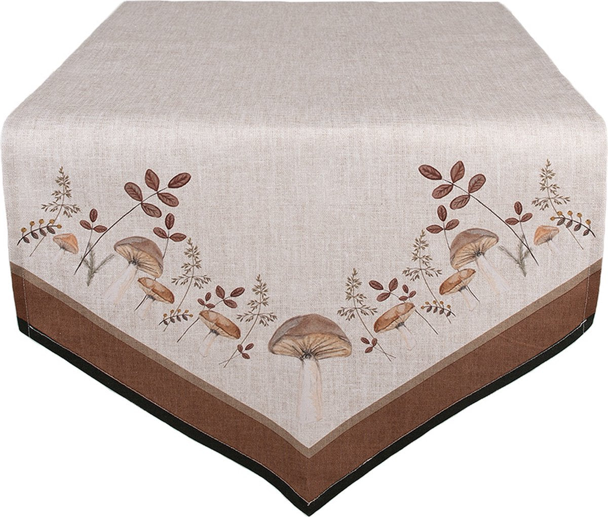Clayre & Eef Tafelloper 50x160 cm Beige Katoen Paddenstoelen Tafelkleed