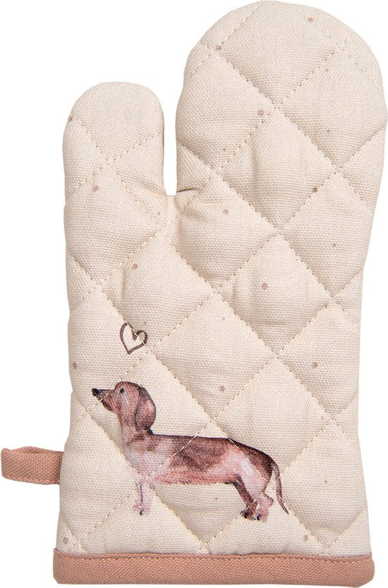 Clayre & Eef Ovenwant 18x30 cm Beige Katoen Teckel Ovenhandschoen Cadeau voor haar