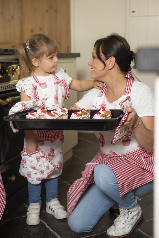 Clayre & Eef Keukenschort 70*85 cm Rood Roze Katoen Cupcakes BBQ Schort Cadeau voor haar Kookschort