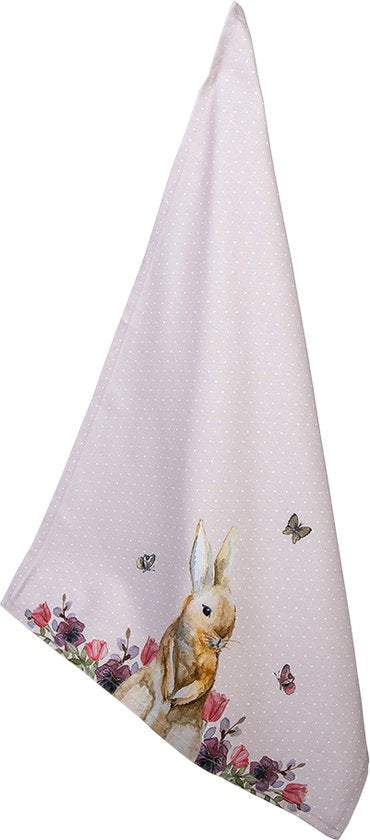 Clayre & Eef Theedoek 50*70 cm Wit Roze Beige Katoen Rechthoek Konijn en bloemen Vaatdoek Keukendoek Schotelvod