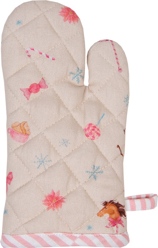 Clayre & Eef Ovenwant 18x30 cm Beige Roze Katoen Notenkraker Ovenhandschoen Cadeau voor haar