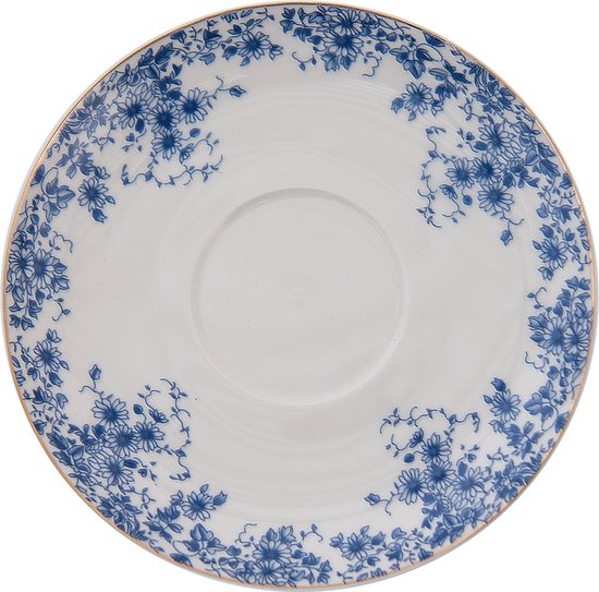 Clayre & Eef Kop en schotel 200 ml Wit Blauw Porselein Bloemen Servies Cadeau voor haar Cappuccino