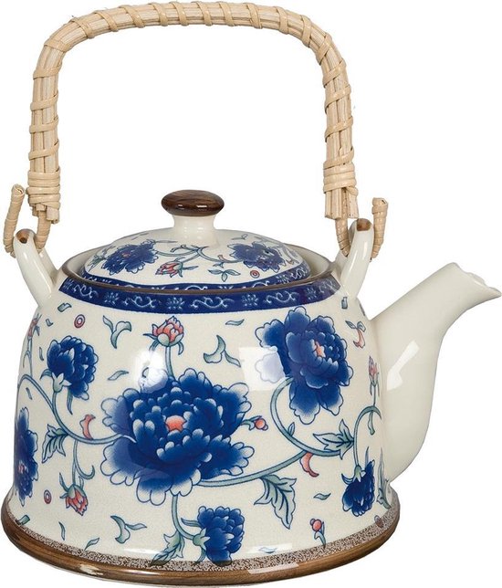 Clayre & Eef Theepot met Filter 18*14*12 cm / 700 ml Blauw Keramiek Rond Bloemen Theekan Cadeau voor haar Chinese Theepot