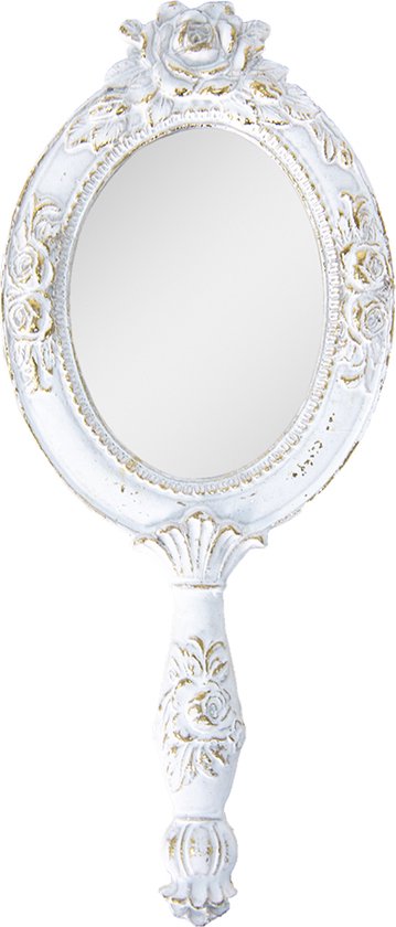 Clayre & Eef Handspiegel 10*1*25 cm Wit Goudkleurig Kunststof Glas Make up Spiegel Cadeau voor haar