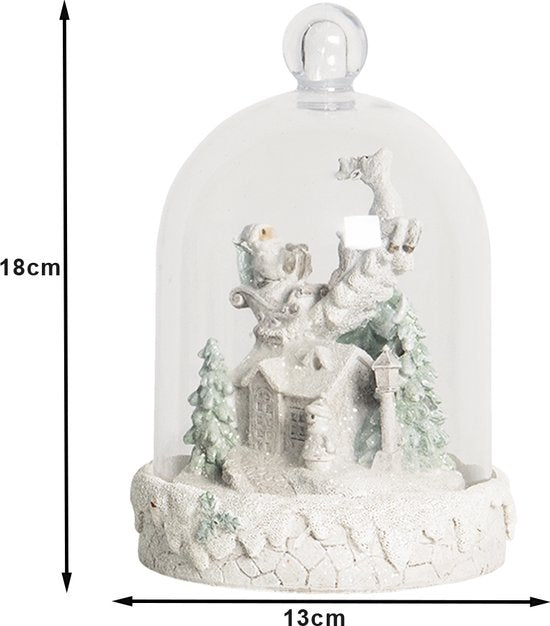 Clayre & Eef Glazen Stolp Ø 13*18 cm Wit Kunststof Glas Rond Kerststolp Stolp met Decoratie