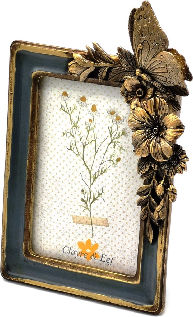 Clayre & Eef Fotolijst 10x15 cm Groen Goudkleurig Kunststof Glas Bloemen Fotokader