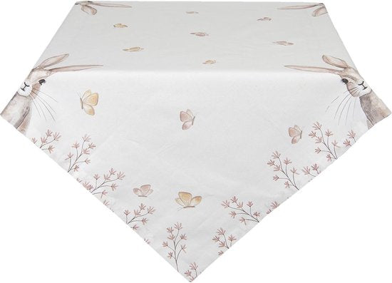 Clayre & Eef Tafelkleed 100*100 cm Bruin, Wit, Roze Katoen Vierkant Konijn Tafellaken Tafellinnen Tafeltextiel