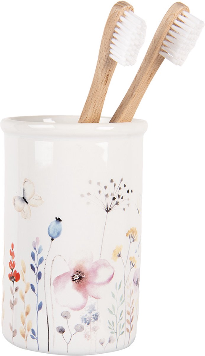 Clayre & Eef Tandenborstelhouder Ø 8x12 cm Wit Keramiek Bloemen