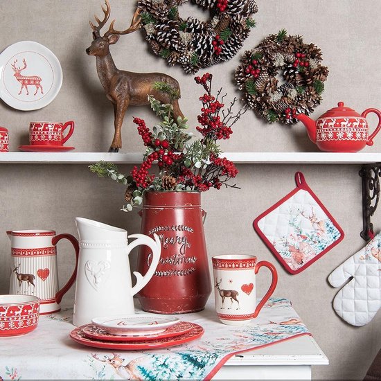 Clayre & Eef Broodmand 35*35*8 cm Creme Bruin Rood Groen 100% Katoen Vierkant Kerst en hert Broodmandje Bread Basket