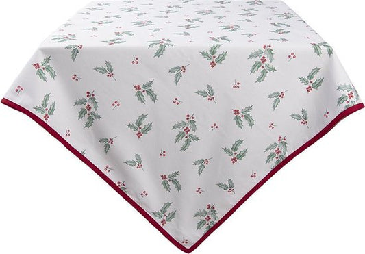 Clayre & Eef Vierkant Tafelkleed 100*100 cm Wit Rood Groen Katoen Vierkant Hulstblaadjes Tafellaken Tafellinnen Tafeltextiel