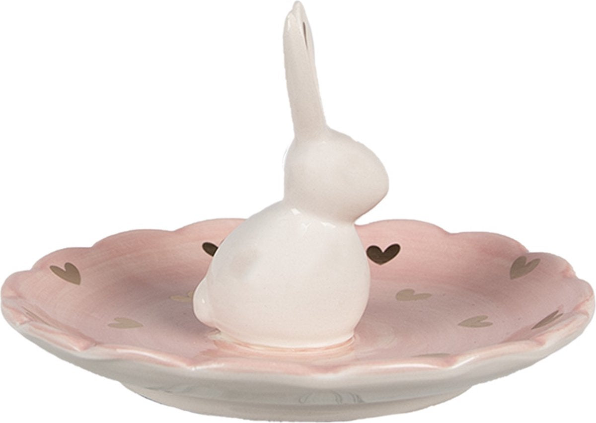 Clayre & Eef Schaaltje Konijn Ø 14x9 cm Roze Keramiek Hartjes Decoratie Schaal