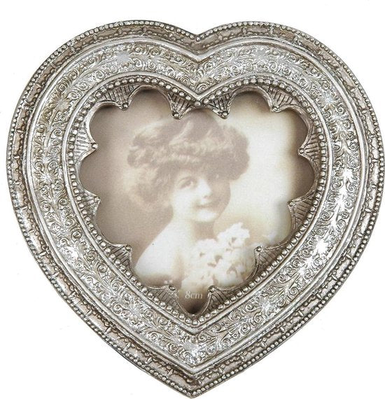 Clayre & Eef Fotolijst Hart 12*12 cm / 9*9 cm Zilverkleurig Kunststof Hartvormig Fotokader Wissellijst Foto Frame
