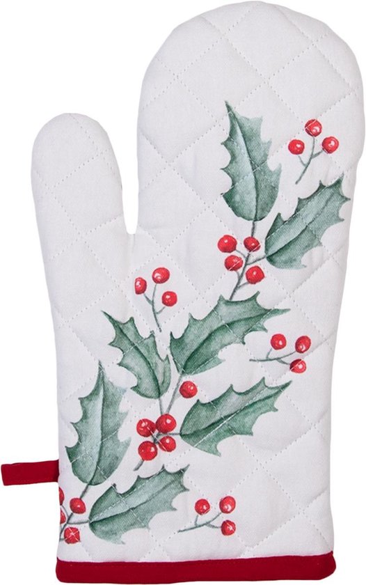 Clayre & Eef Ovenwant 16*30 cm Wit Rood Katoen Hulstblaadjes Ovenhandschoen Cadeau voor haar