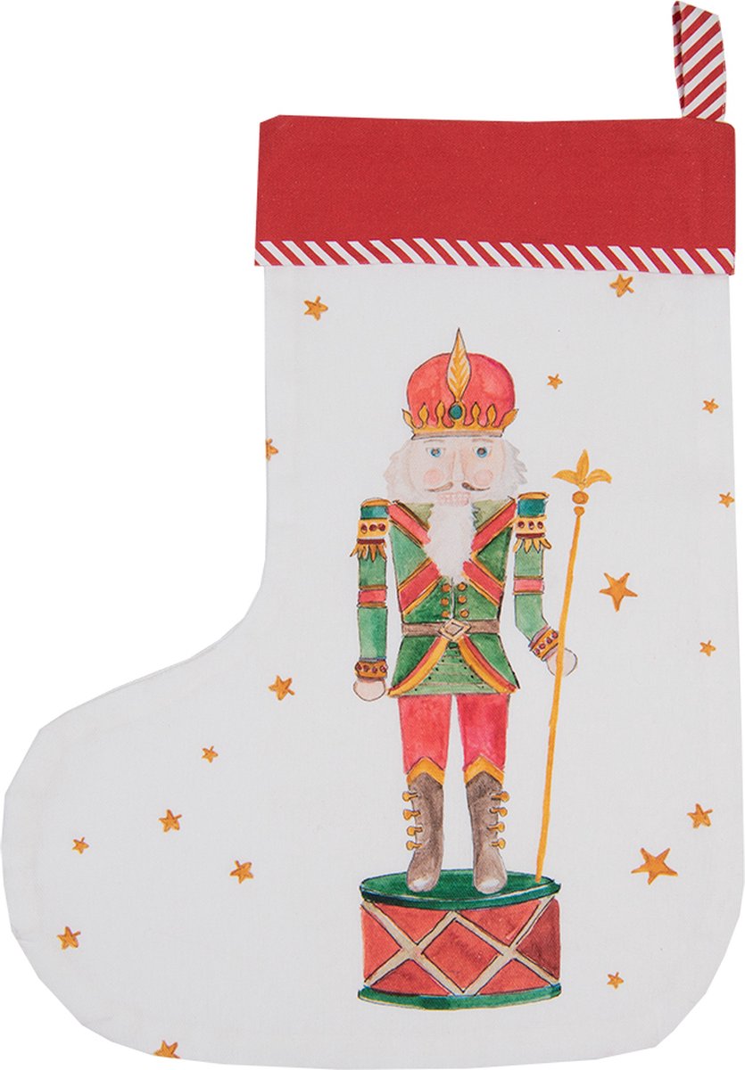 Clayre & Eef Kerstsok Decoratie Kerstsok 30*40 cm Wit Rood Katoen Notenkraker Kerstsok Hanger