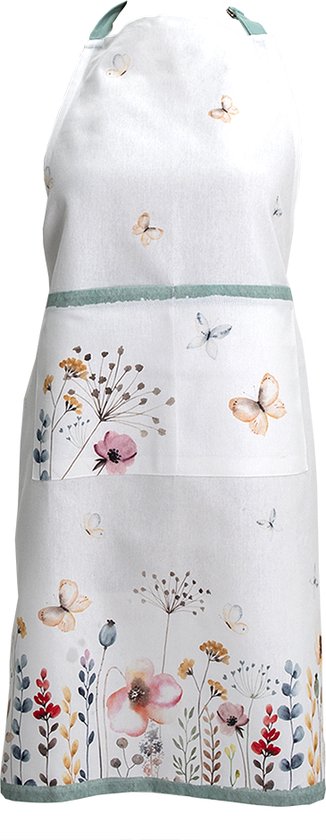 Clayre & Eef Keukenschort 70*85 cm Wit Roze Groen Katoen Bloemetjes BBQ Schort Cadeau voor haar Kookschort