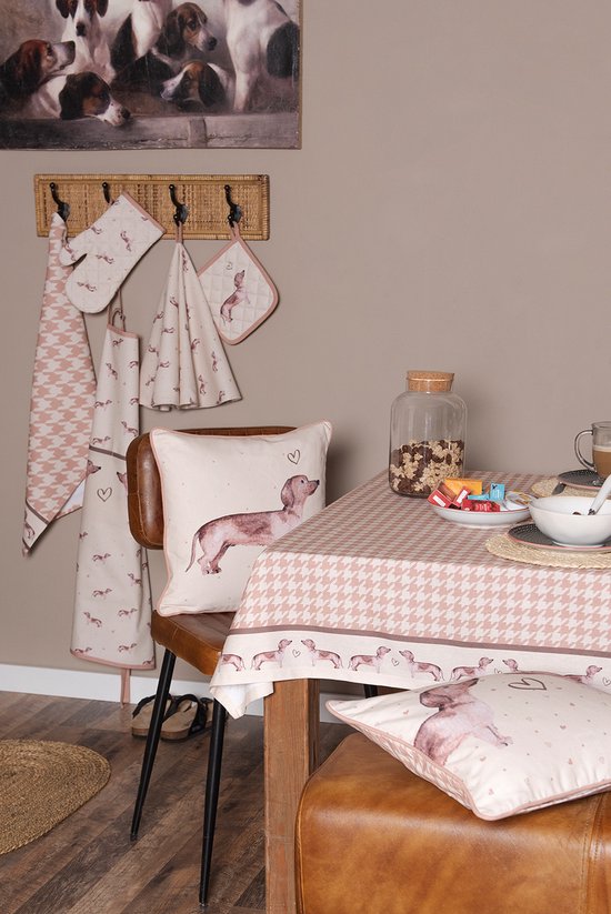 Clayre & Eef Keukenschort 70x85 cm Beige Katoen Teckel BBQ Schort Cadeau voor haar