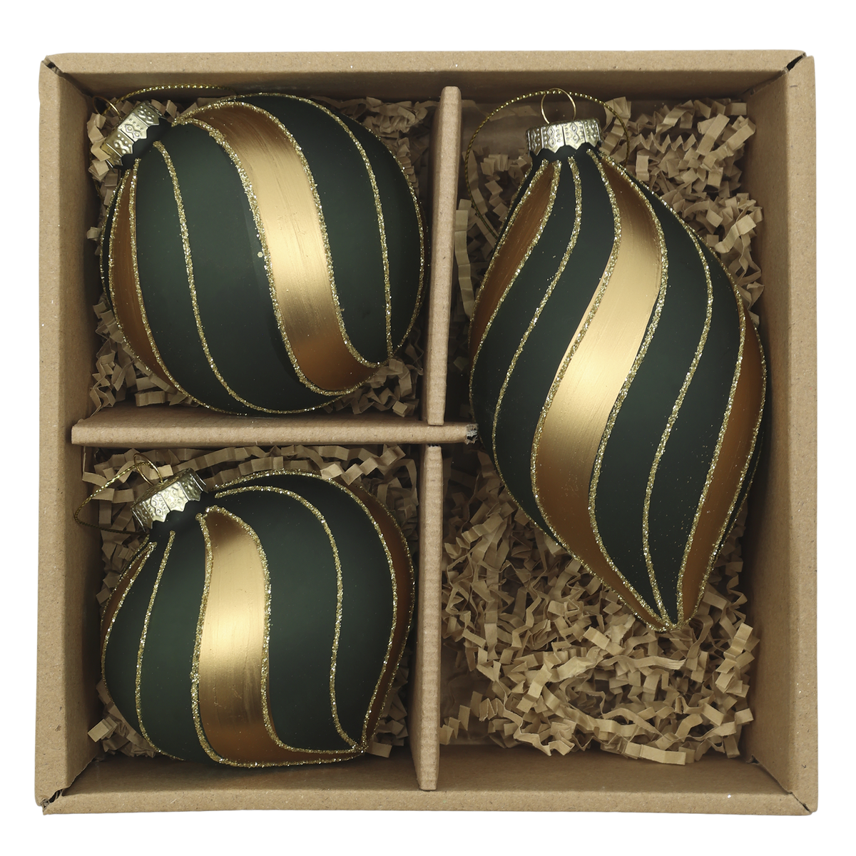 Chic Antique kerstballen – Set van 3 – Glas - Olijfgroen en goud
