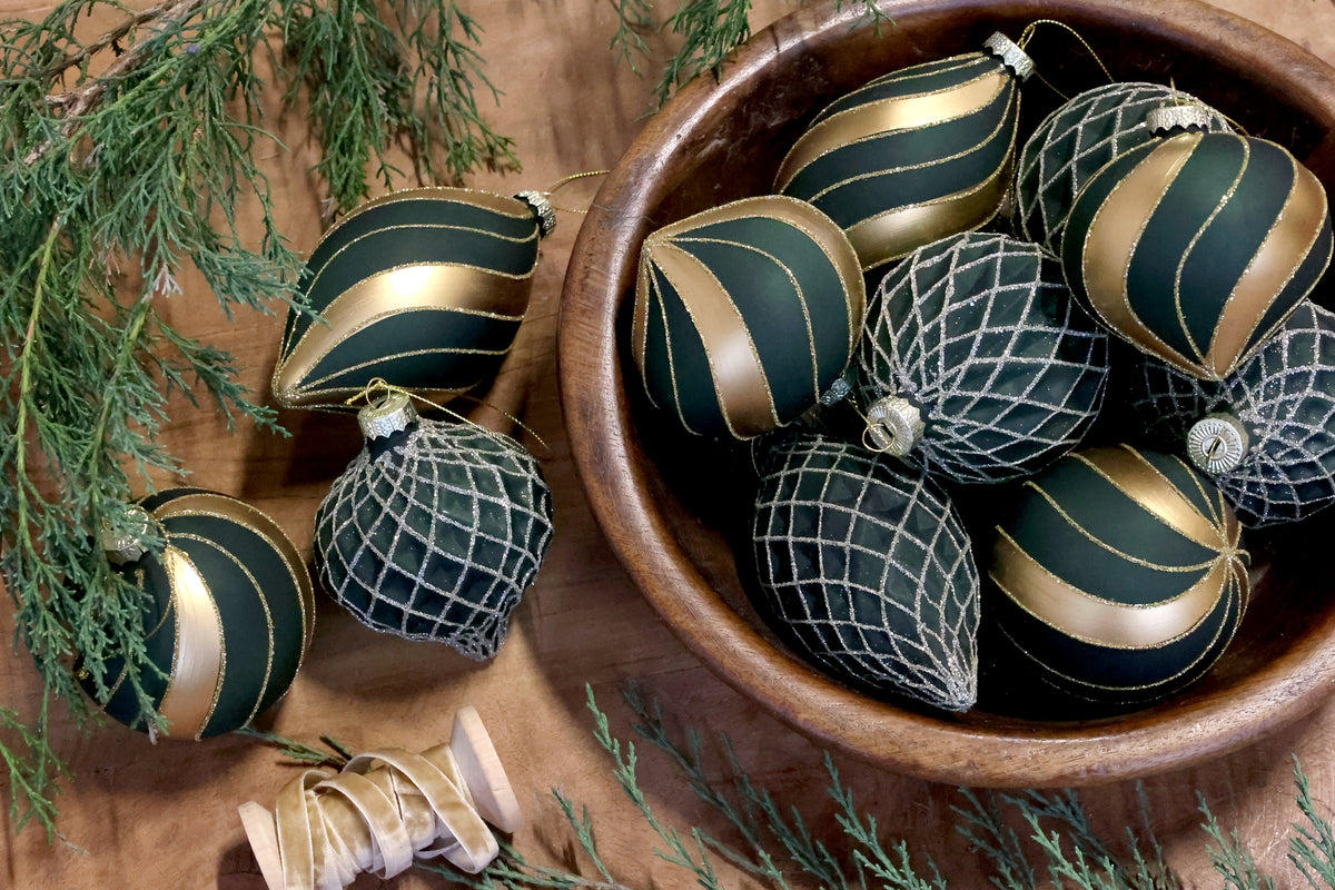 Chic Antique kerstballen – Set van 3 – Glas - Olijfgroen en goud