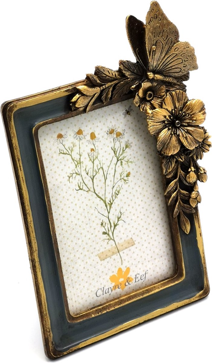 Clayre & Eef Fotolijst 10x15 cm Groen Goudkleurig Kunststof Glas Bloemen Fotokader