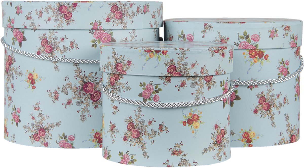 Clayre & Eef Hoedendoos Set van 3 Ø 23x19 cm Blauw Roze Karton Bloemen Opbergdoos Cadeaudoos