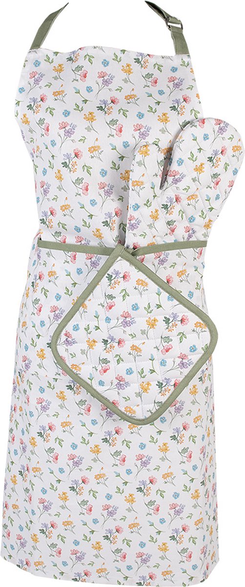 Clayre & Eef Ovenwant 18x30 cm Wit Groen Katoen Bloemen