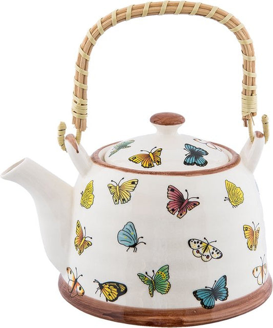 Clayre & Eef Theepot met Filter 18*14*12 cm / 700 ml Meerkleurig Keramiek Rond Vlinders Theekan Cadeau voor haar Chinese Theepot