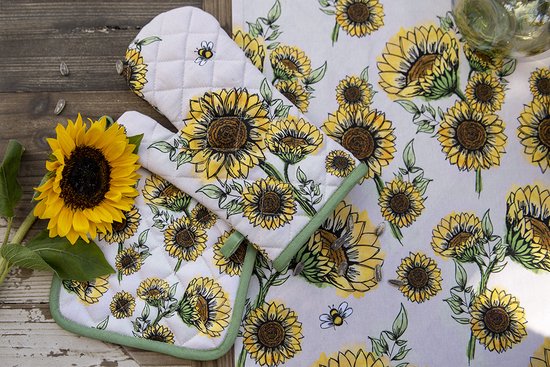 Clayre & Eef Keukenschort 70x85 cm Beige Geel Katoen Zonnebloemen BBQ Schort Cadeau voor haar Kookschort