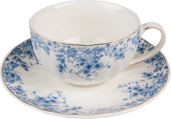 Clayre & Eef Kop en schotel 200 ml Wit Blauw Porselein Bloemen Servies Cadeau voor haar Cappuccino
