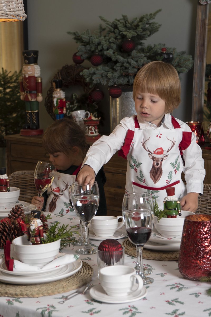 Clayre & Eef Placemats Set van 6 48x33 cm Wit Rood Katoen Rechthoek Hert Hulstbladeren Tafelmat