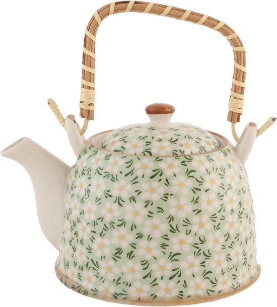 Clayre & Eef Theepot met Filter 18*14*12 cm / 700 ml Groen Keramiek Rond Bloemen Theekan Cadeau voor haar Chinese Theepot