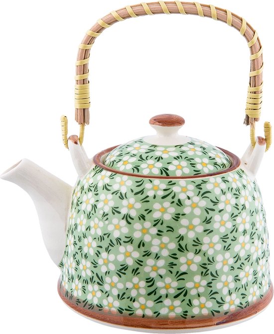 Clayre & Eef Theepot met Filter 18*14*12 cm / 700 ml Groen Keramiek Rond Bloemen Theekan Cadeau voor haar Chinese Theepot