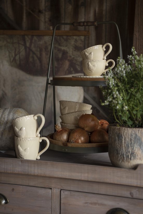 Clayre & Eef Kop en schotel 12*9*7 cm / Ø 15*2 cm / 200 ml Beige Keramiek Rond Kip Servies Cadeau voor haar Cappuccino