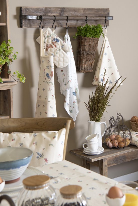 Clayre & Eef Keukenschort 70*85 cm Beige Blauw Groen Katoen Kip en haan BBQ Schort Cadeau voor haar Kookschort