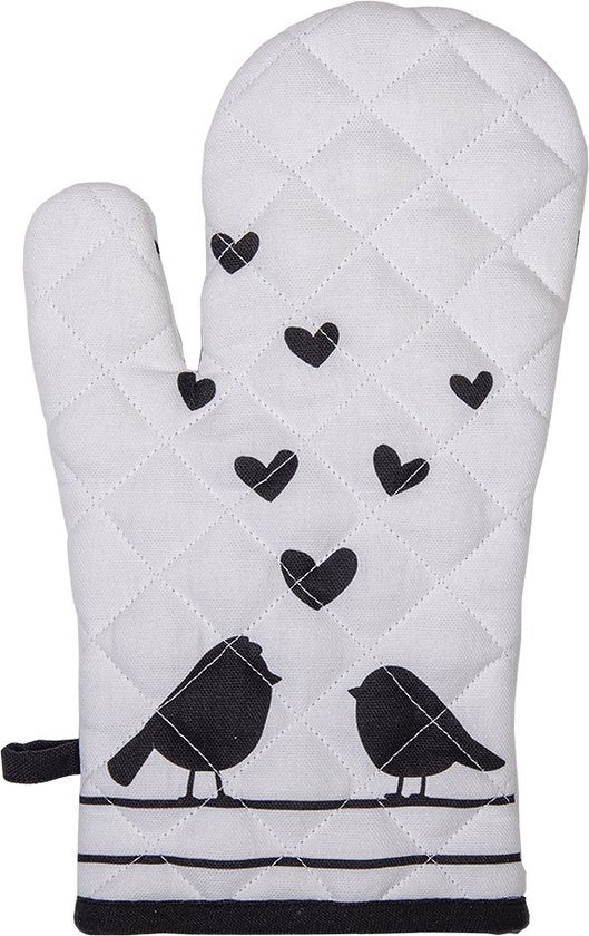 Clayre & Eef Ovenwant 18*30 cm Wit Zwart Katoen Vogeltjes Ovenhandschoen Cadeau voor haar